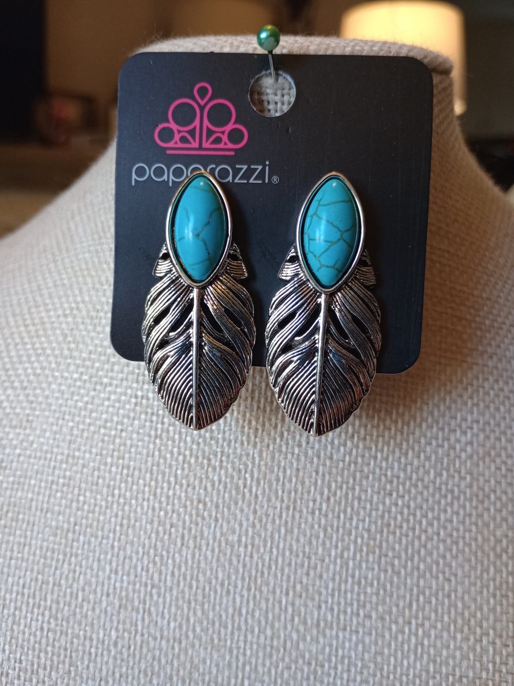 paparazzi Silver Feather Earrings with Turquoise Stones